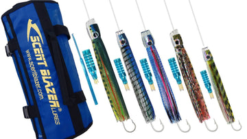 Billfish rigged game fishing lure pack three spread.