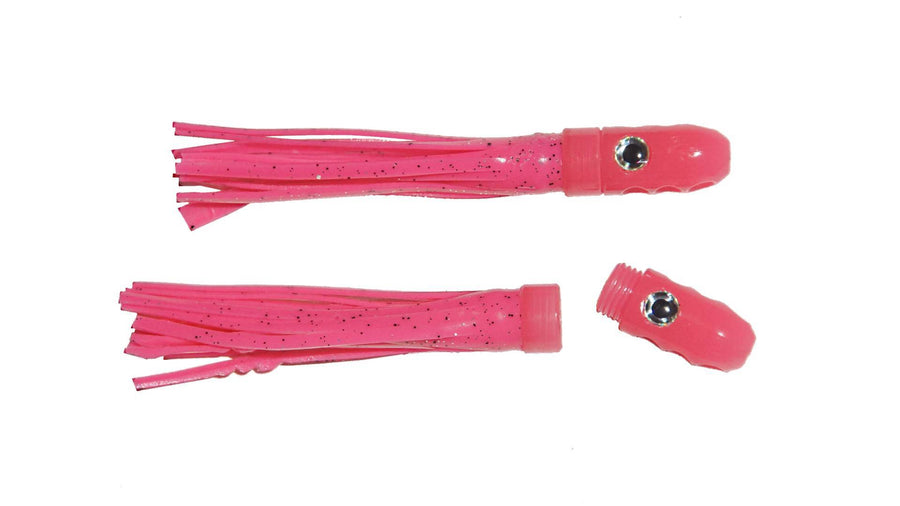 Small pink lumo 4½ inch 11cm skirted trolling lure.