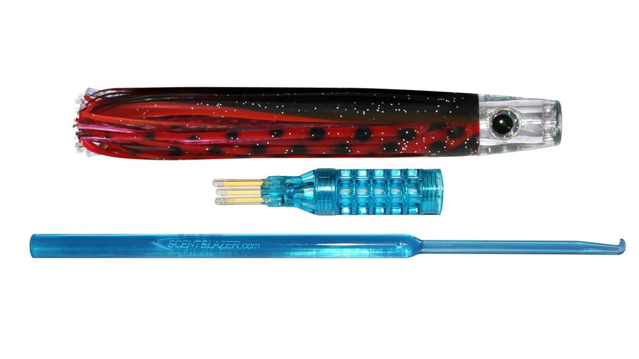 Red and Black Squid nano pusher head skirted trolling lure.