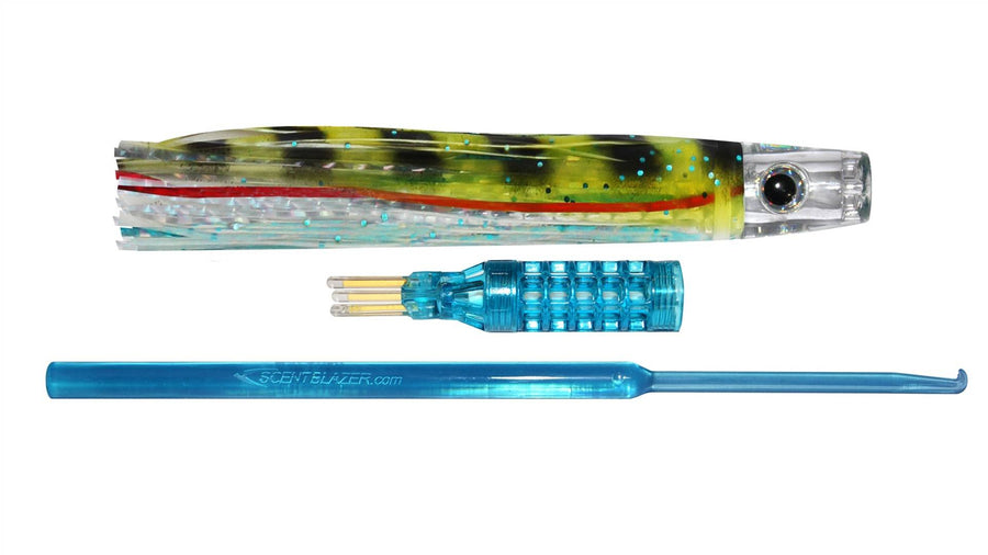 Yellow Scad trolling lure skirt nano 6 inch 15cm pusher head.