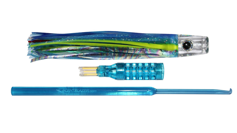 Blue Luminator 6 inch 15cm nano skirted trolling lure pusher head.