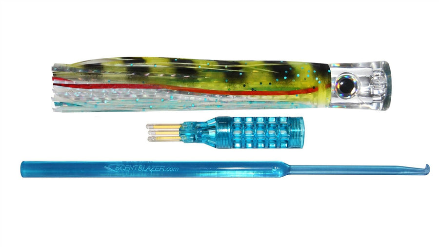 Yellow Scad skirted trolling lure nano chugger head,